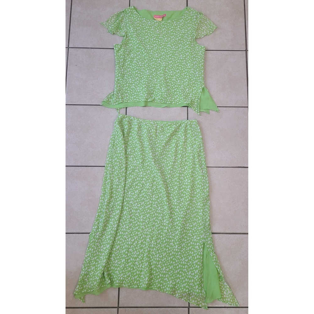 Maggy Boutique Skirt Set Women 14 Green Good Silk Polka Dot Flutter Sleeve Y2K